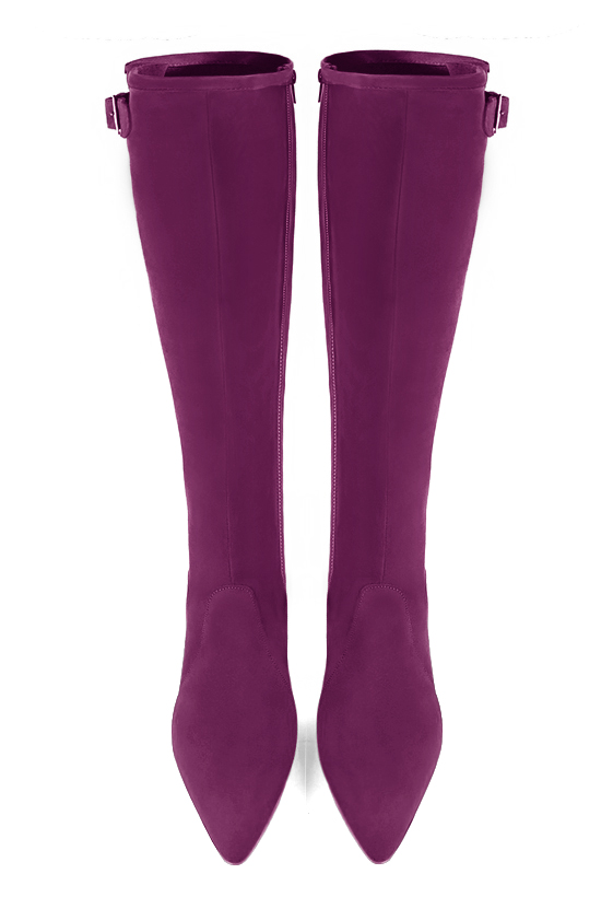 Mulberry purple women's knee-high boots with buckles. Tapered toe. High block heels. Made to measure. Top view - Florence KOOIJMAN